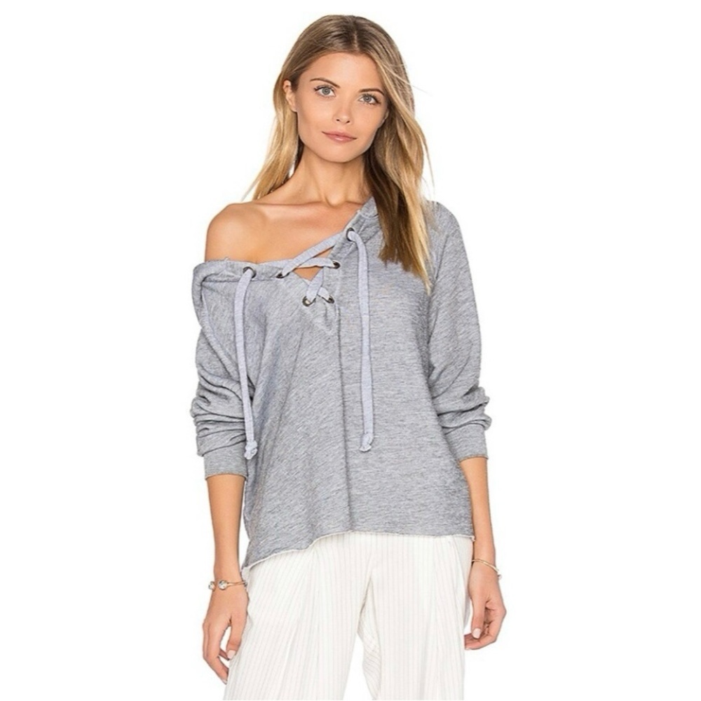 Wildfox Heather Gray Off-Shoulder Lace-Up Sweatshirt